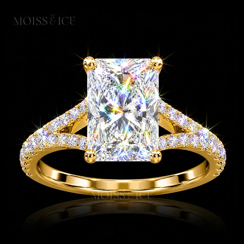 Radiant cut moissanite engagement ring in gold, with a split shank pave band from Moiss and Ice Canada