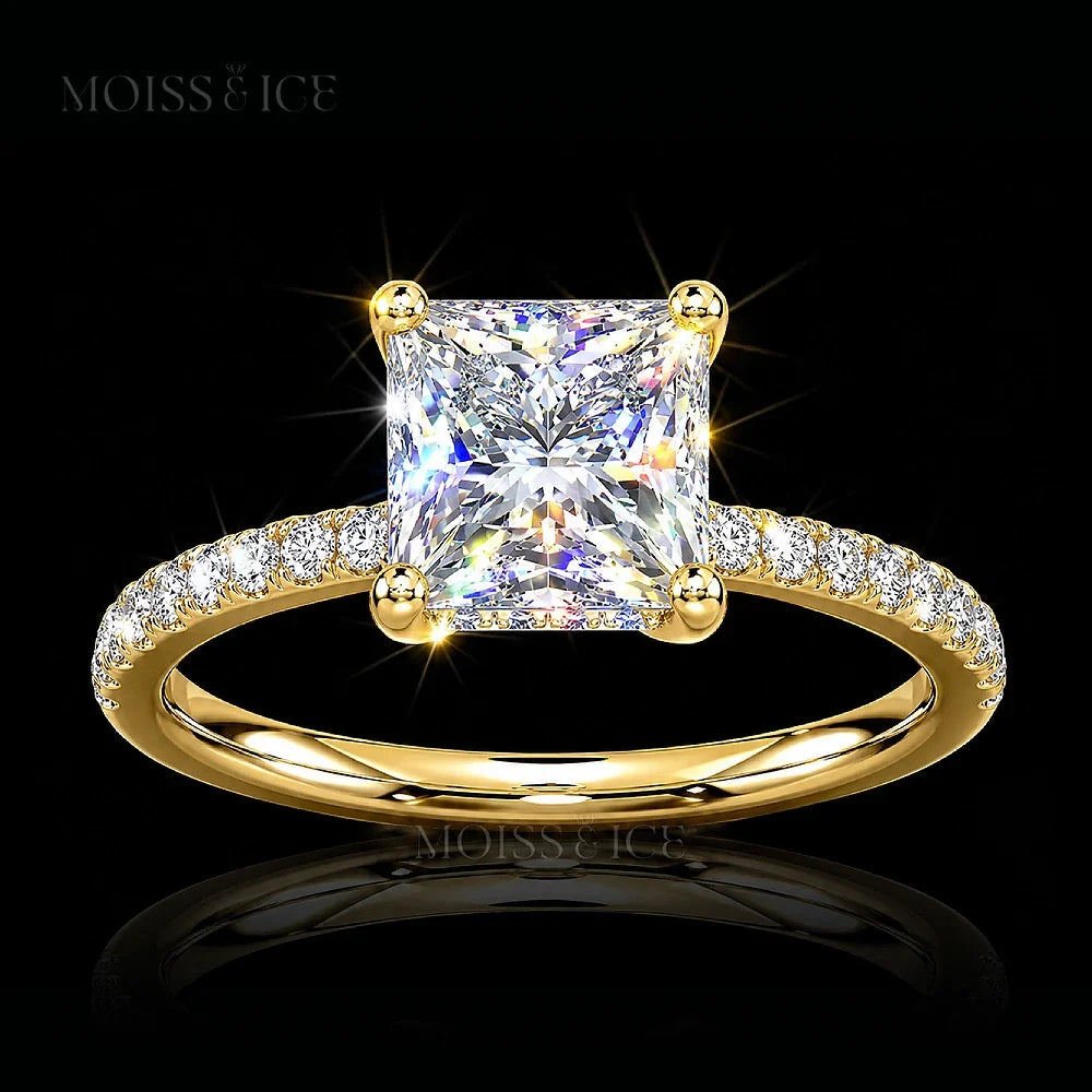 Yellow Gold Princess Cut Pavé Moissanite Engagement Ring with hidden halo called the INDIRA by Moiss and Ice Canada