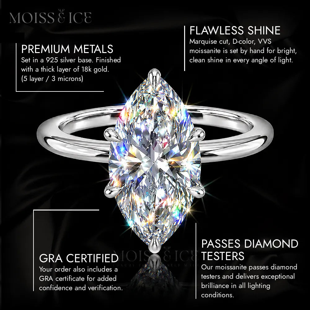 Features of the AMAIRA Womens Marquise cut moissanite engagement ring by Moiss & Ice Canada