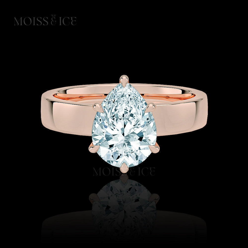 Rose Gold Moissanite Engagement Ring with a wide band - Solitaire Pear stone - called the The Shakti by Moiss and Ice Canada