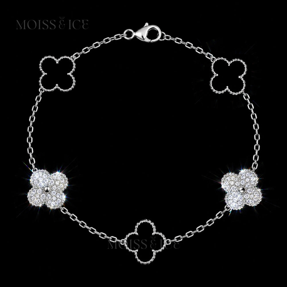Clover Leaf Bracelet - in White Gold and Silver base with moissanite and black agate stone.