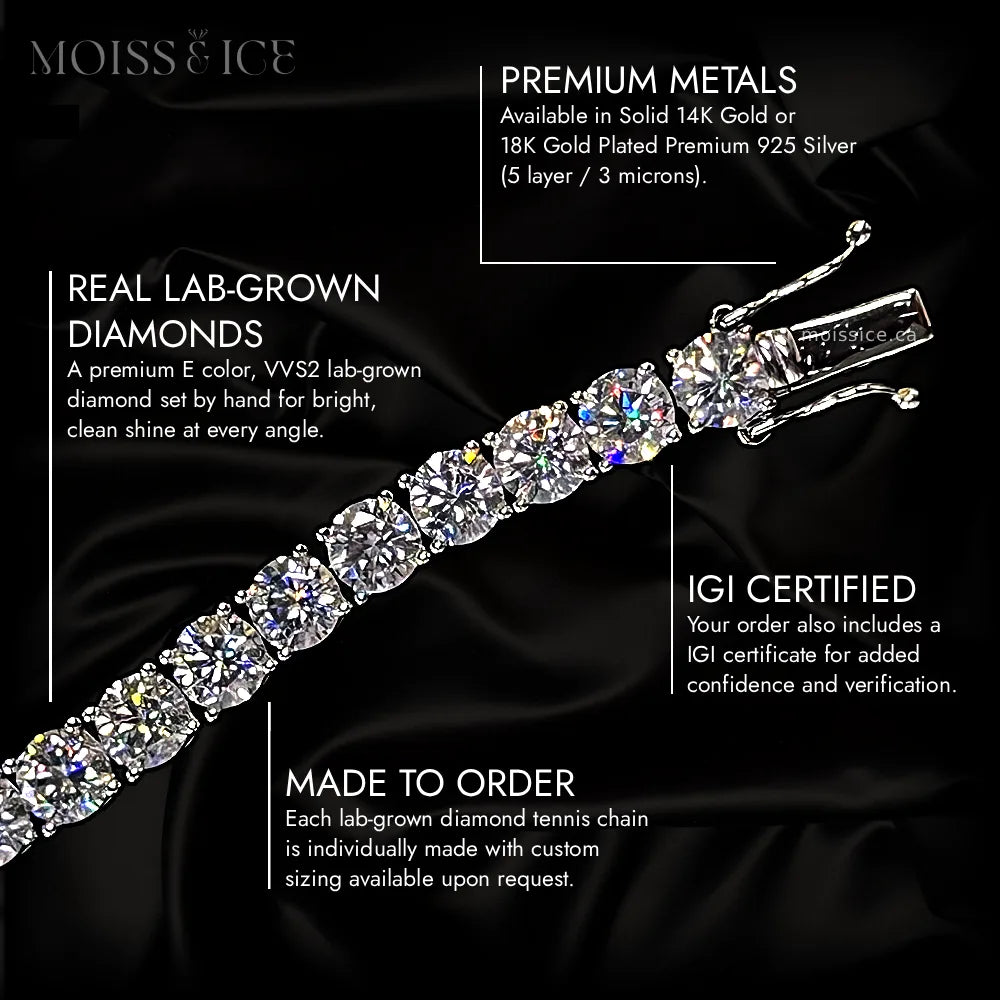 IGI certified Lab Diamond Tennis Bracelet and Necklace exclusive features - Set in 14k gold or 925 silver, finished with a layer of 18k gold from Moiss and Ice Canada