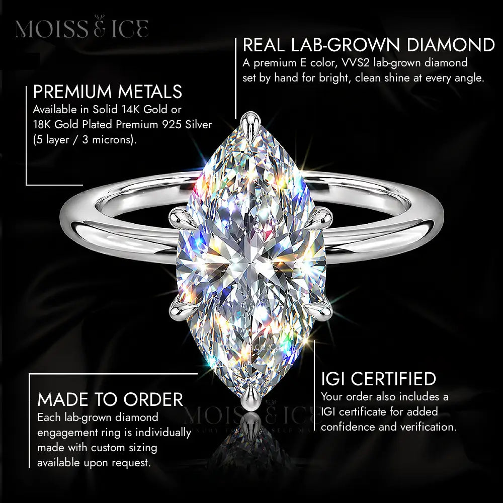 Features of our Women's Marquise Cut Lab-Grown Diamond Engagement Ring by Moiss and Ice Canada.
