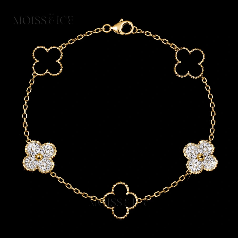 Gold Clover Bracelet with black agate stone and moissanite.