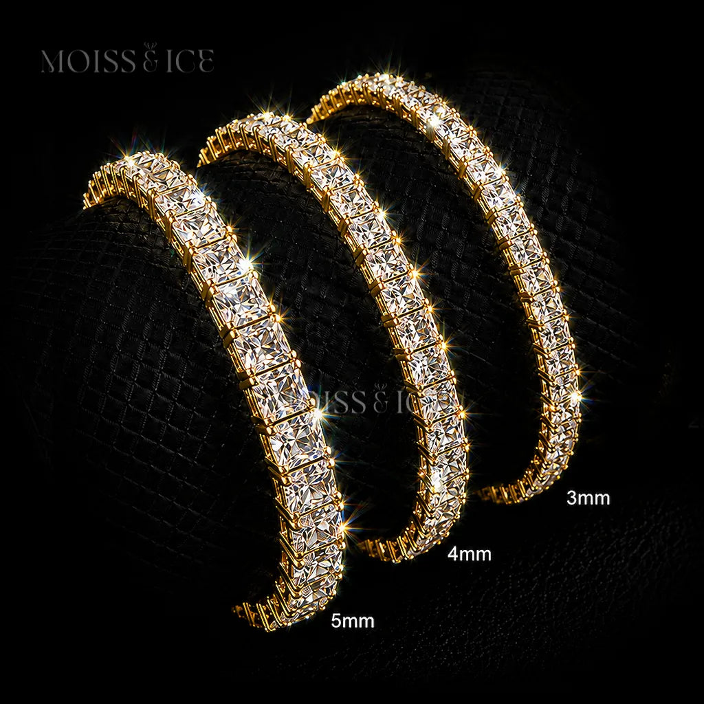 Gold Princess cut moissanite bracelet in sizes from3mm to 6mm wide. Available in 18k yellow gold finish by Moiss & Ice Canada