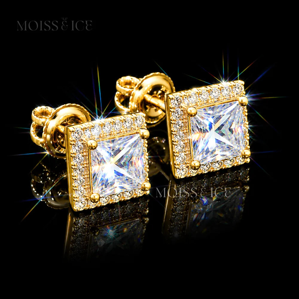 A pair of square princess-cut stud earrings featuring a large moissanite princess-cut center stone surrounded by a halo of small clear pavé moissanite stones, set in 925 silver and finished in 18k yellow gold by Moiss and Ice Canada