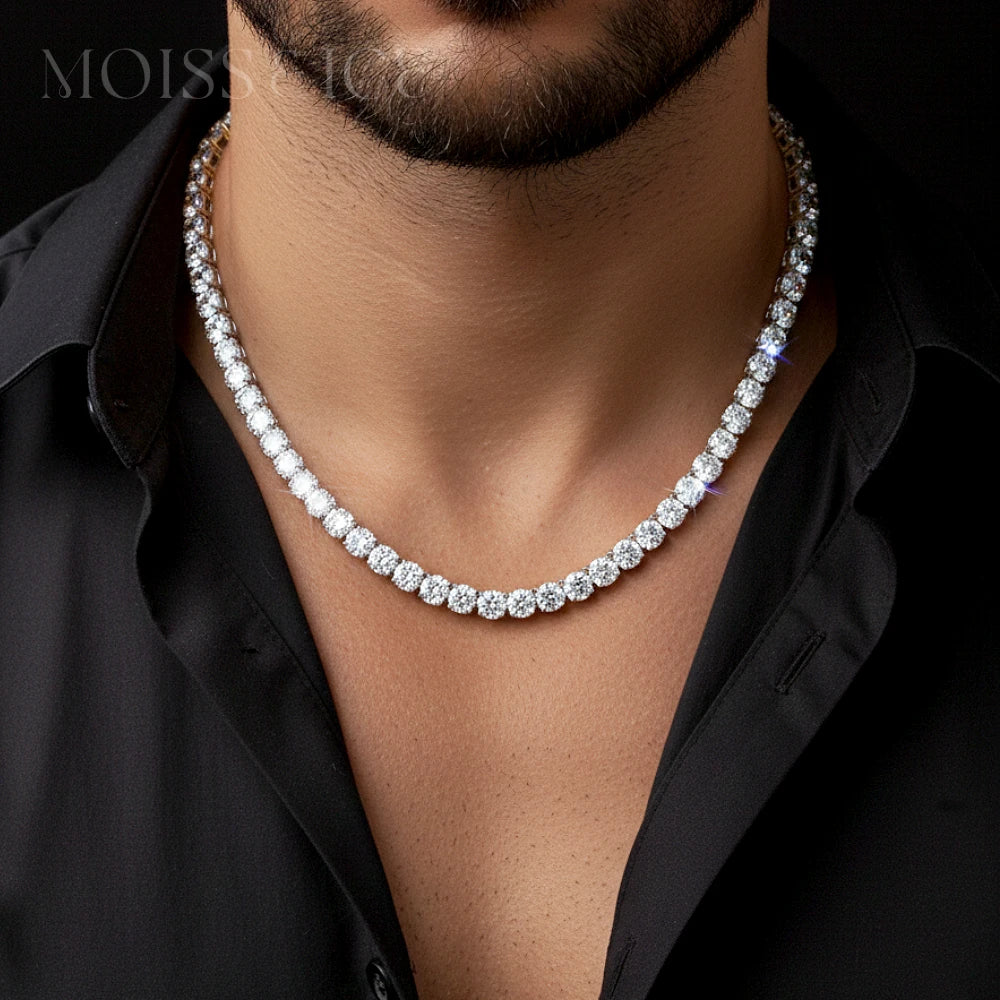 Man wearing Moiss and Ice Tennis Chain in white gold with moissanite stones