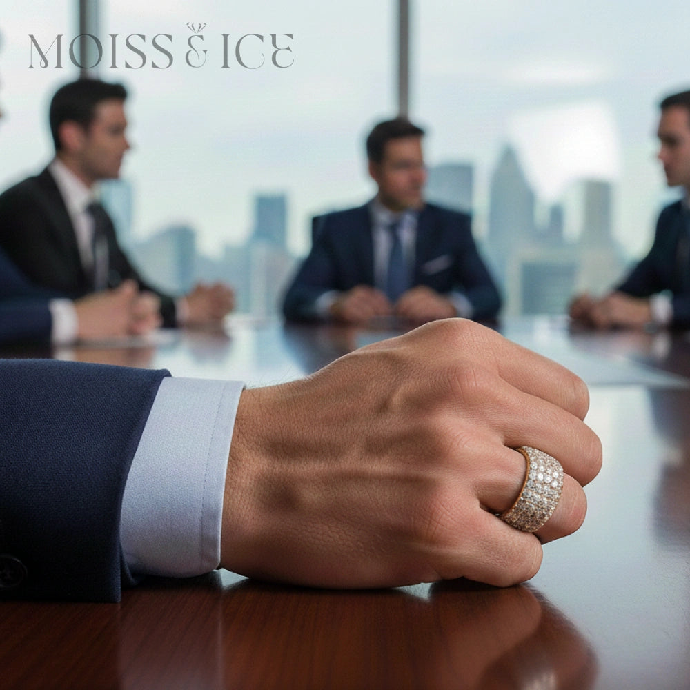 male hand wearing moiss and ice canada round brilliant cut moissanite ring in gold color.