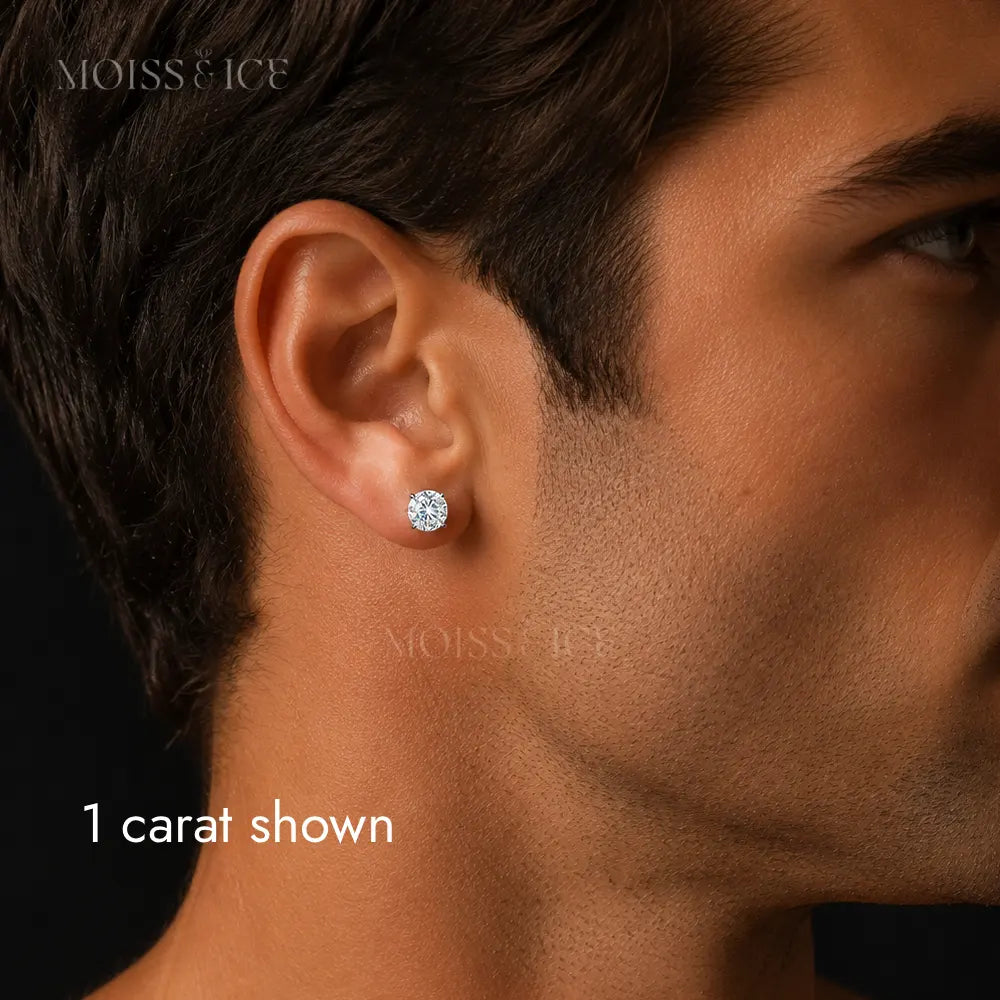 close up of a man wearing a sparkling 1 carat moissanite stud earring by Moiss and Ice Canada