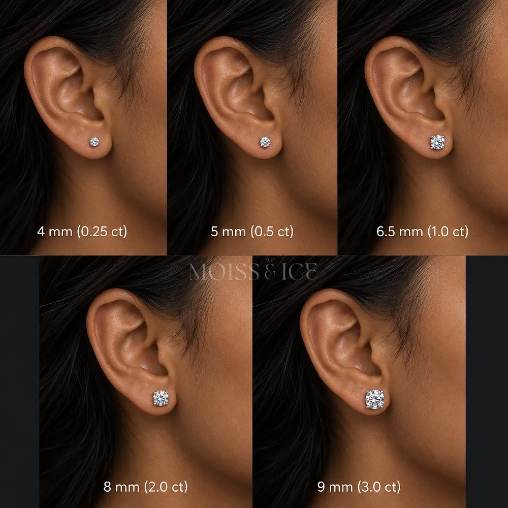 Moissanite Stud Earrings Size Comparisons from 4mm (0.25 ct) to 9mm (3.0 ct) sizes.