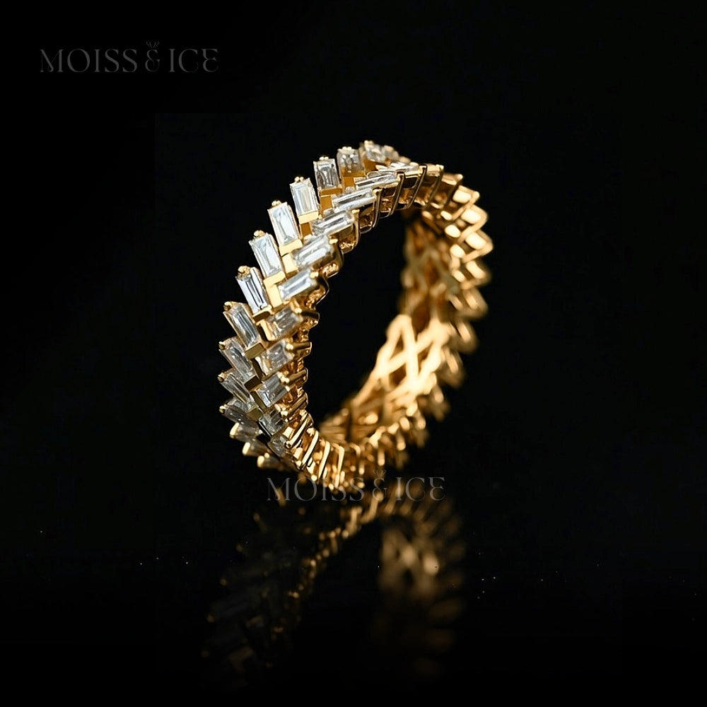 Yellow Gold - Iced Out Baguette Cut Moissanite Eternity Ring Set in 925 silver, finished with thick layer of 18k yellow gold - MOISS ICE CANADA