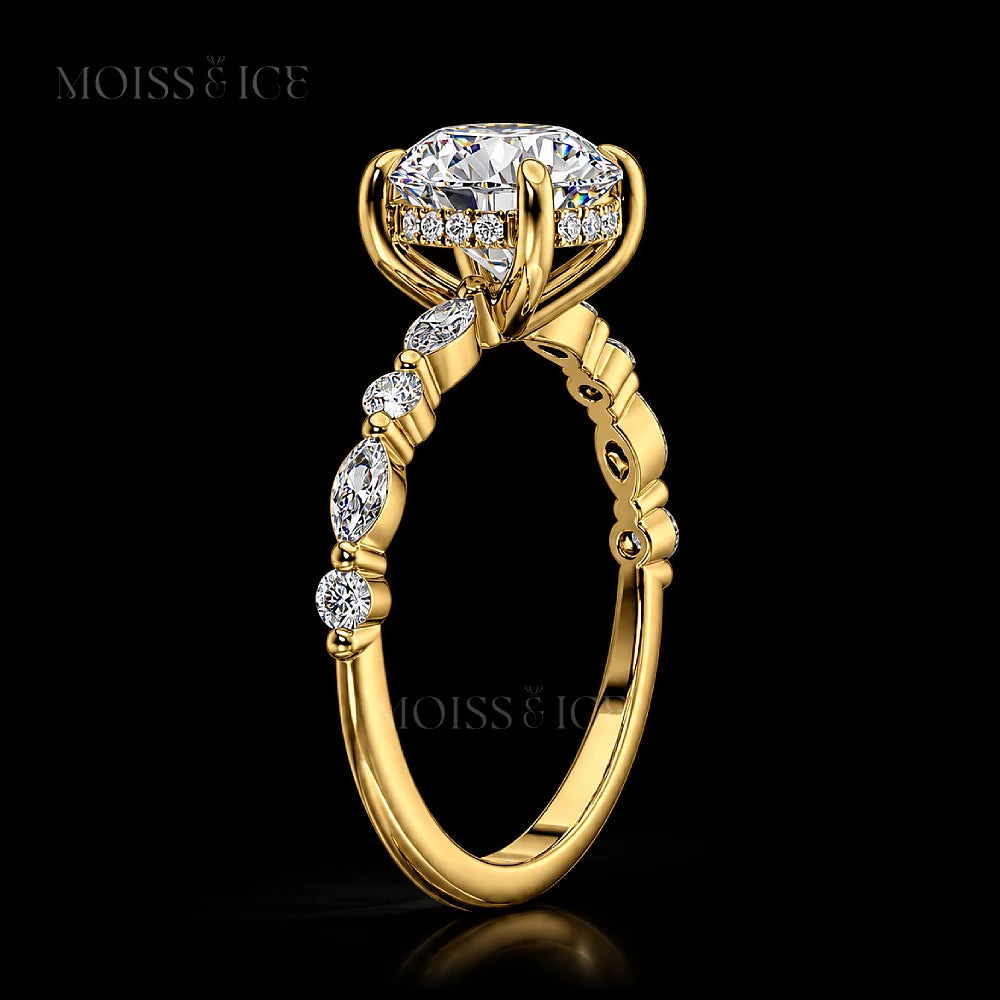 Side view of The Aishani yellow gold oval lab diamond ring showing hidden halo and accent stones