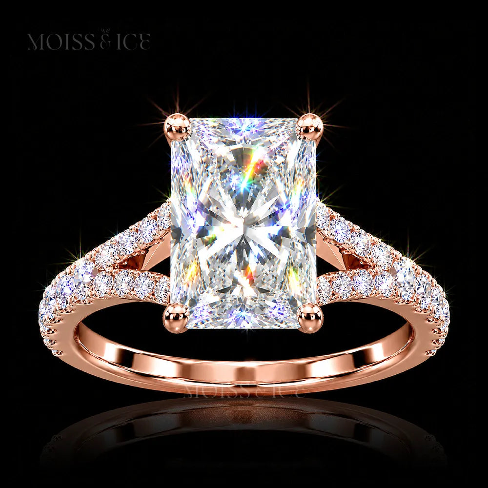 The Veera - Radiant cut moissanite engagement ring in rose gold, with a split shank pave band from Moiss and Ice Canada