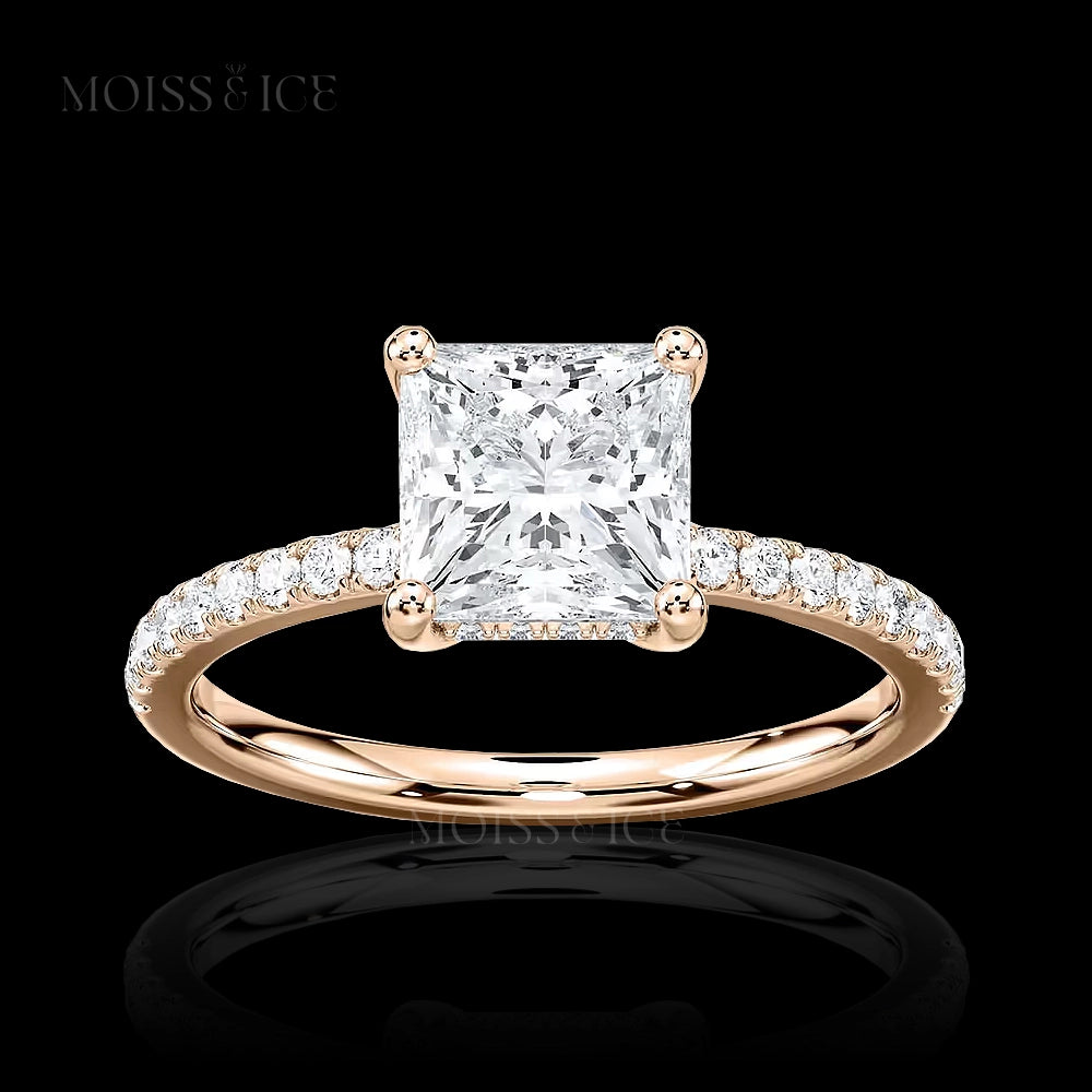 Rose Gold Princess Cut Pavé Moissanite Engagement Ring with hidden halo called the INDIRA by Moiss and Ice Canada
