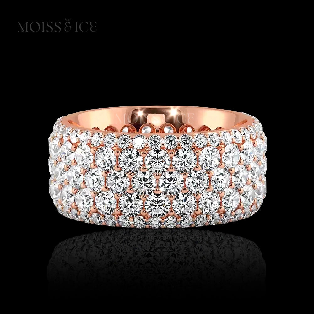 Rose Gold 18k Iced out Round Moissanite Eternity with a wide Band - 5ct moissanite diamonds - The Veer - Moiss and Ice Canada