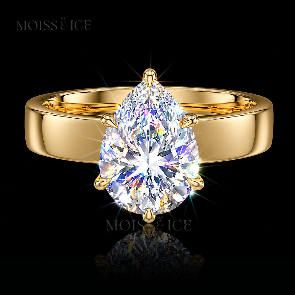 Yellow Gold Moissanite Engagement Ring with a wide band - Solitaire Pear stone - called the The Shakti by Moiss and Ice Canada