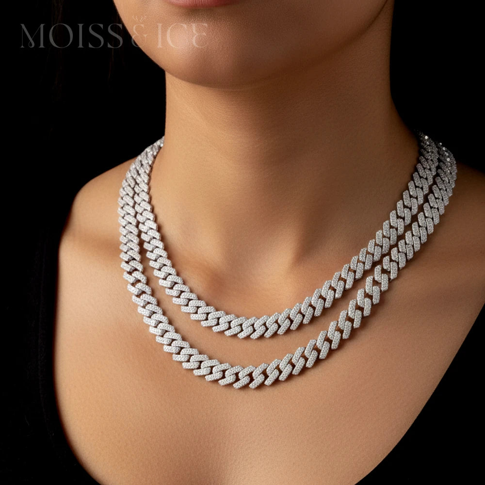 moissanite cuban link chain shown on a womans neck in 2 sizes.