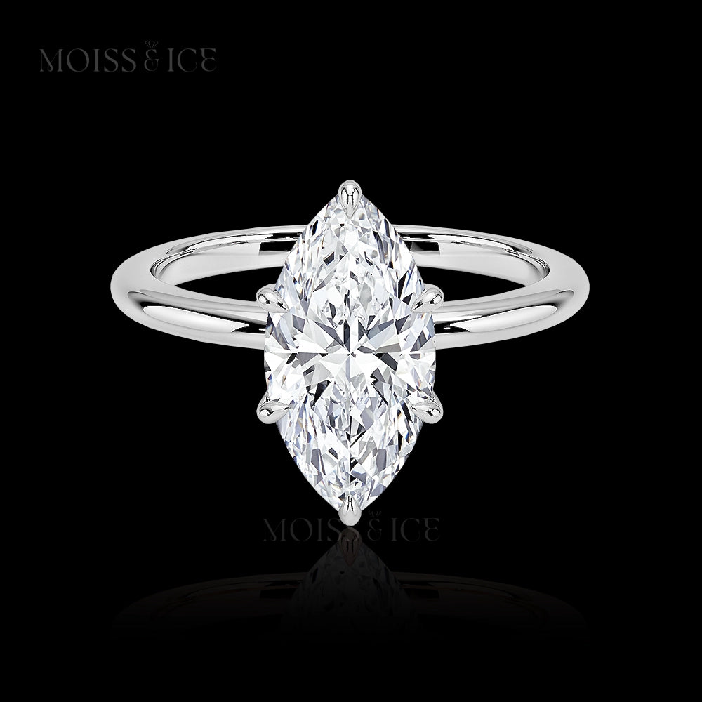 The Amaira - Women's Moissanite Marquise Engagement Ring with 6 prongs and a hidden halo in silver white gold