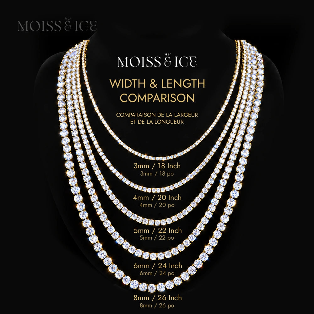 Width and Length Comparison for our Yellow Gold Layering Moissanite Chains - Stacking chains by Moiss & Ice Canada