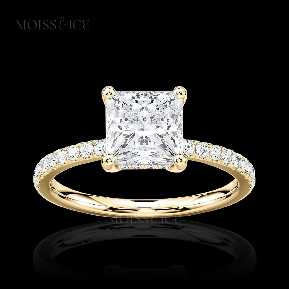 Yellow Gold Princess Cut Pavé Moissanite Engagement Ring with hidden halo called the INDIRA by Moiss and Ice Canada