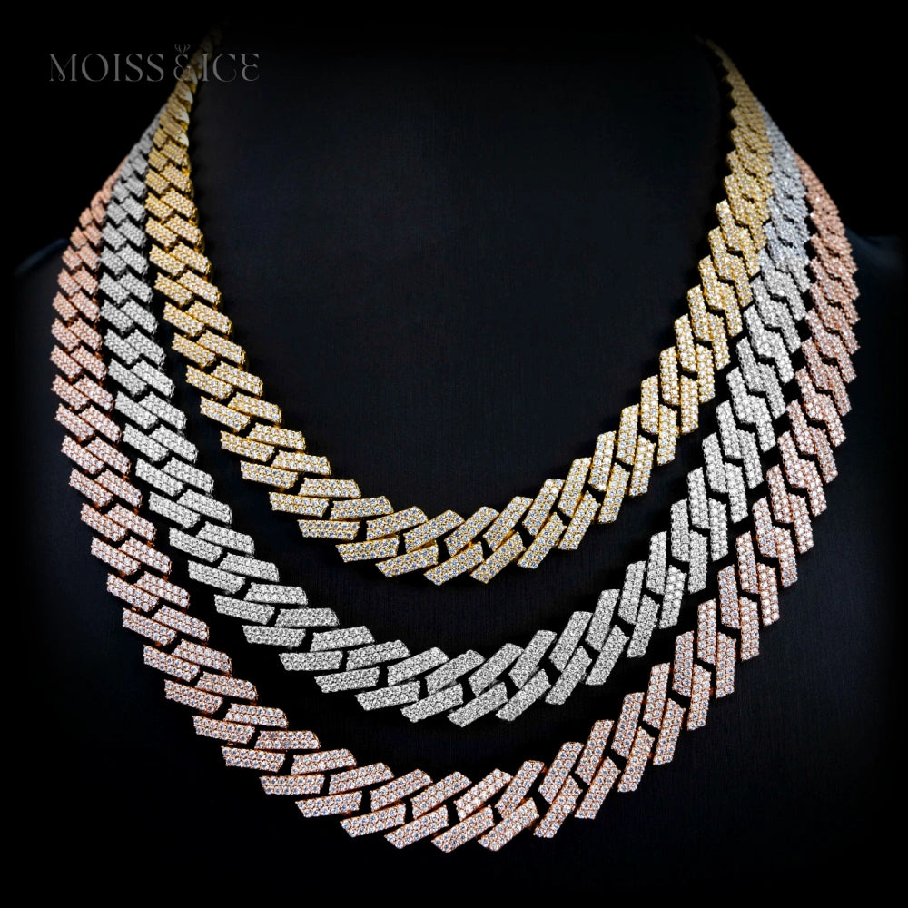 Moissanite Cuban Chains in White Gold, Yellow Gold and Rose Gold Options in 18k.