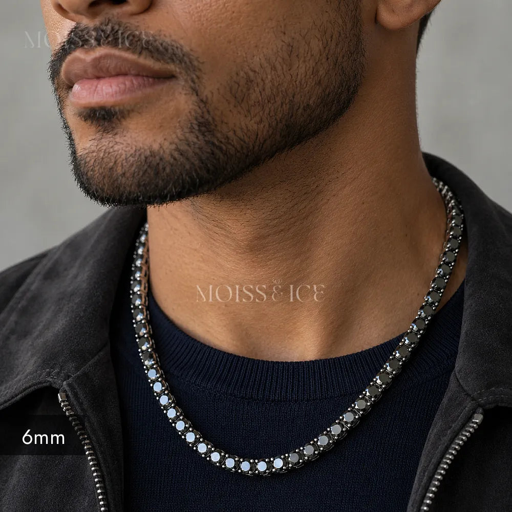 6mm black moissanite tennis chain shown on a male. By Moiss and Ice Canada