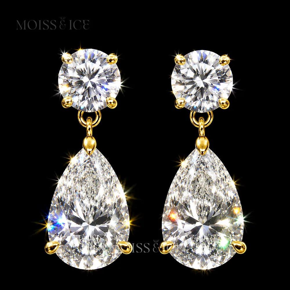 A pair of sparkling Moiss & Ice pear drop earrings featuring round brilliant-cut moissanite studs and pear-cut moissanite drops in yellow gold settings.