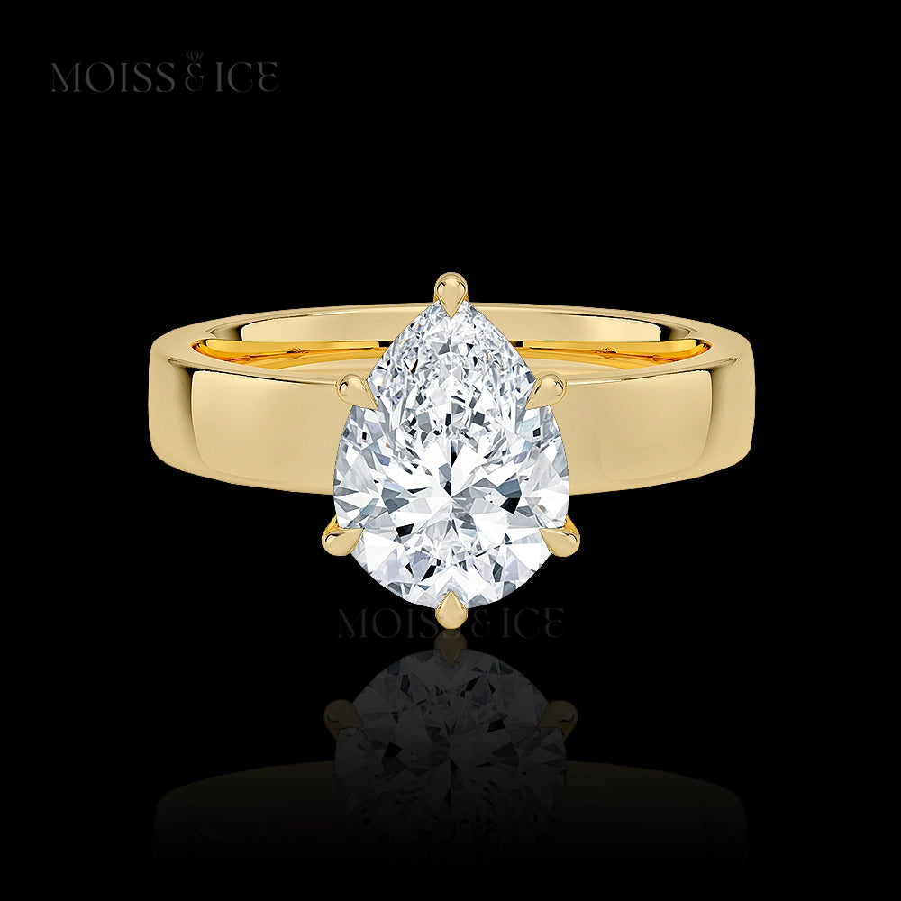 Yellow Gold Moissanite Engagement Ring with a wide band - Solitaire Pear stone - called the The Shakti by Moiss and Ice Canada