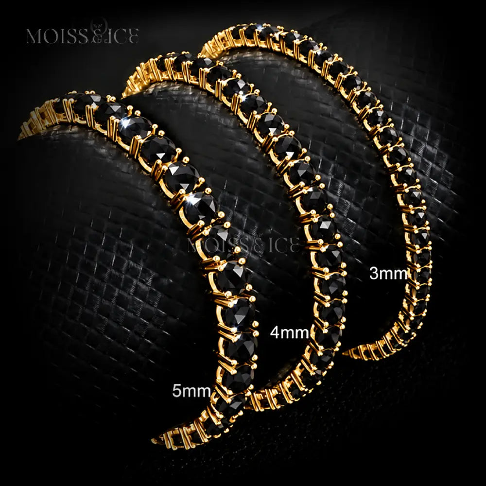 Different width sizes of black moissanite tennis chains and bracelets in yellow gold. From 3mm, 4mm, and 5mm. By Moiss and Ice Canada