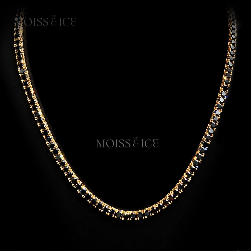 Black Moissanite Tennis Chain on yellow gold. Available in sizes 18-26 inches and 3mm to 8mm widths from Moiss and Ice Canada.