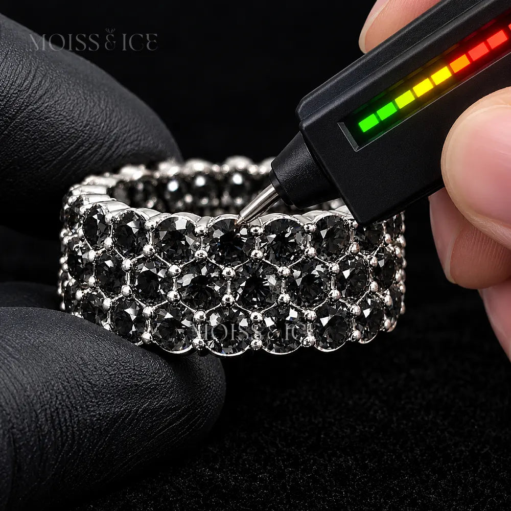 Moiss & Ice Canada Black moissanite ring passing a diamond tester