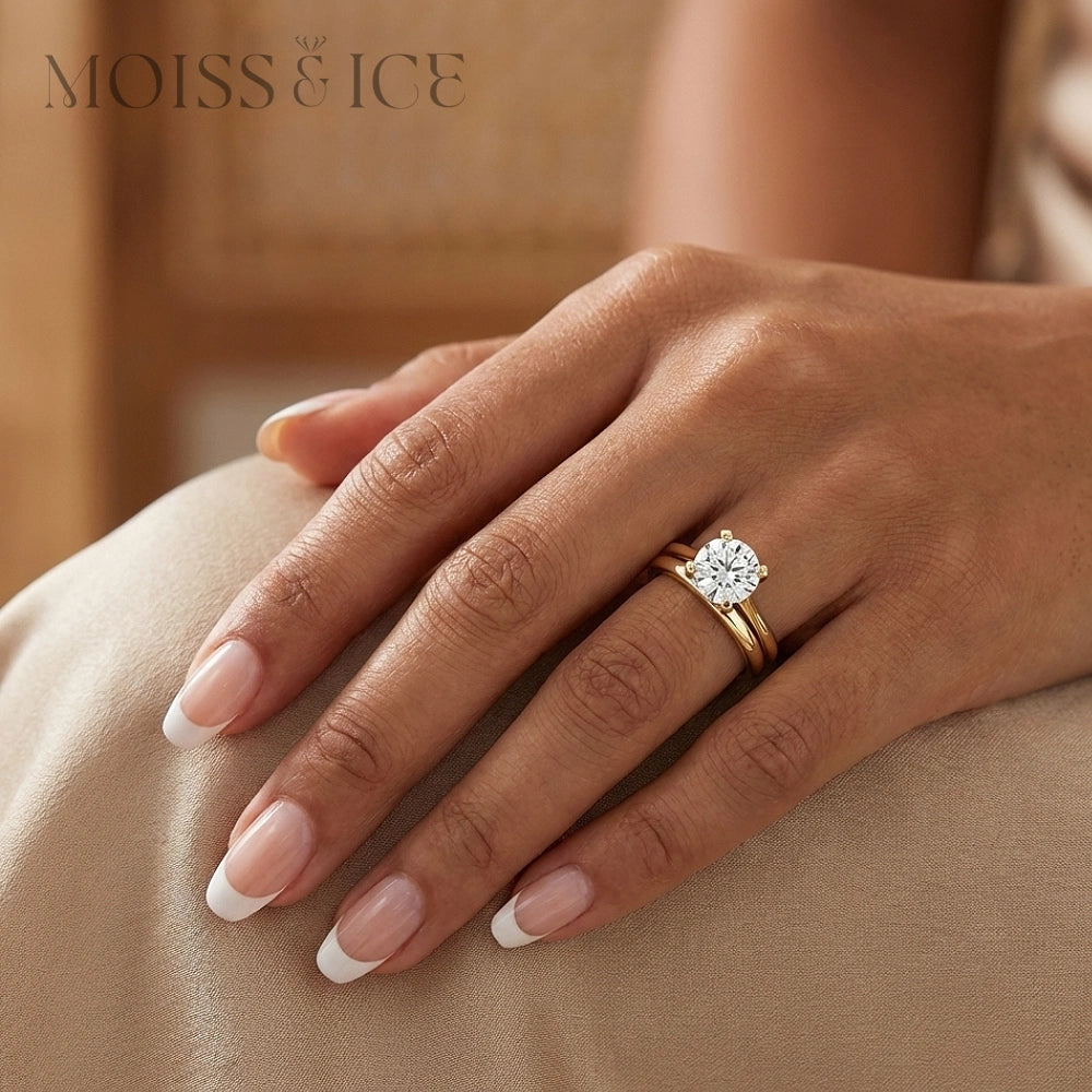 hand wearing moissanite engagement ring by Moiss and Ice Canada- model Jyoti