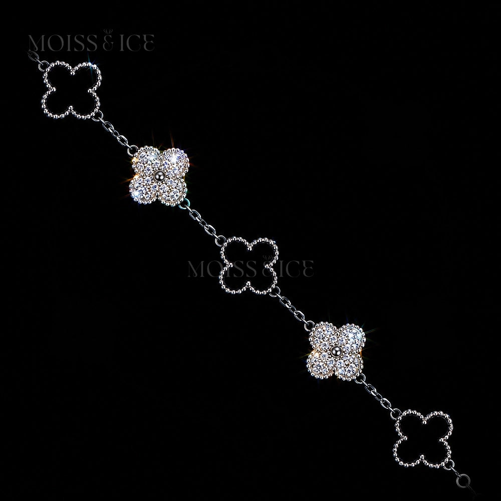 Clover Leaf Bracelet - in White Gold and Silver base with moissanite and black agate stone.