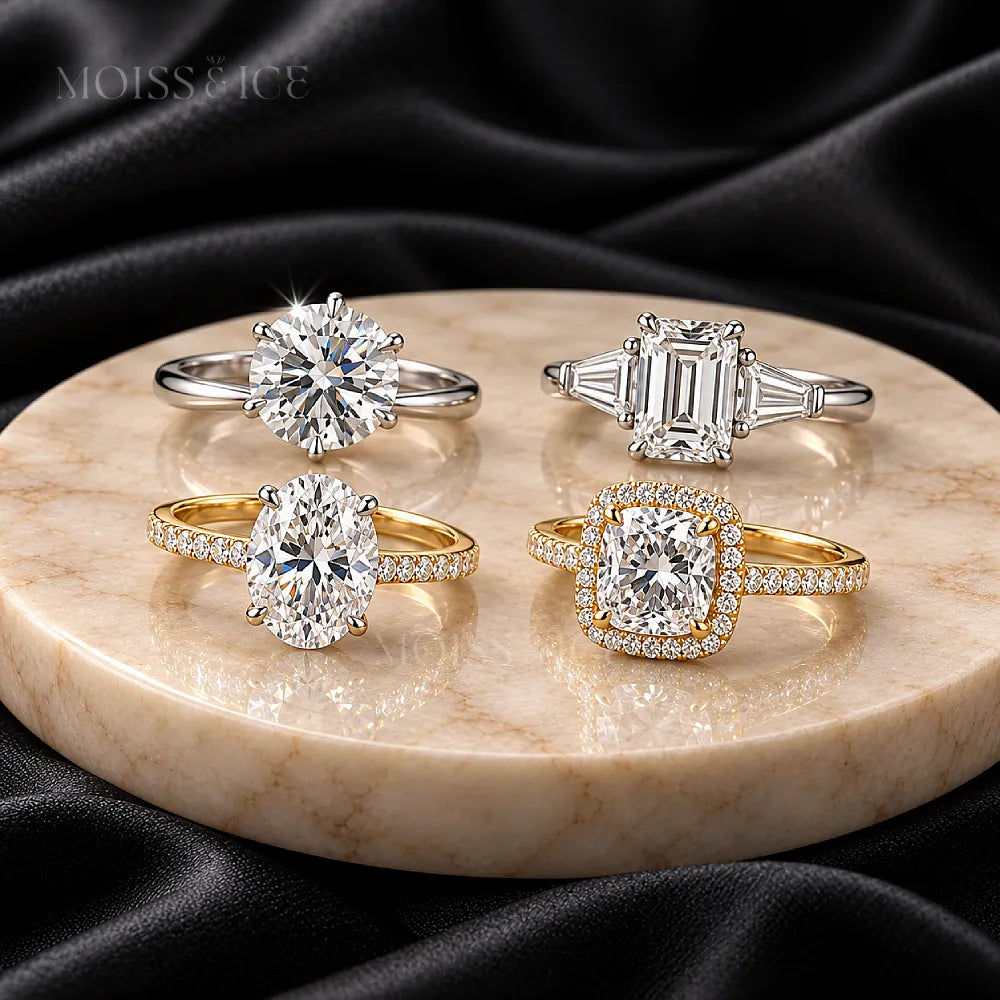four lab-grown diamond engagement rings in white and yellow gold options.