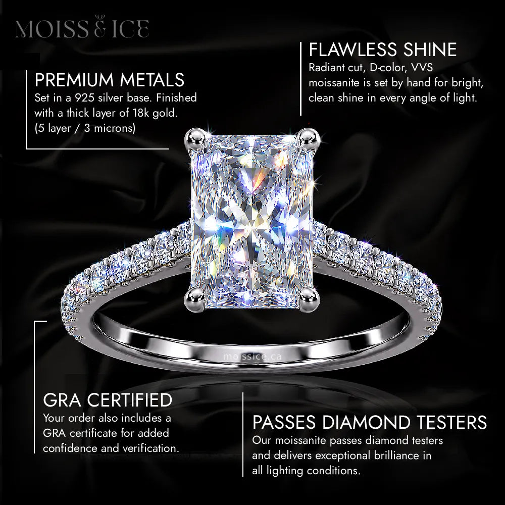 Features of the AAVYA - Women's Radiant Cut Moissanite Engagement Ring by Moiss and Ice Canada.