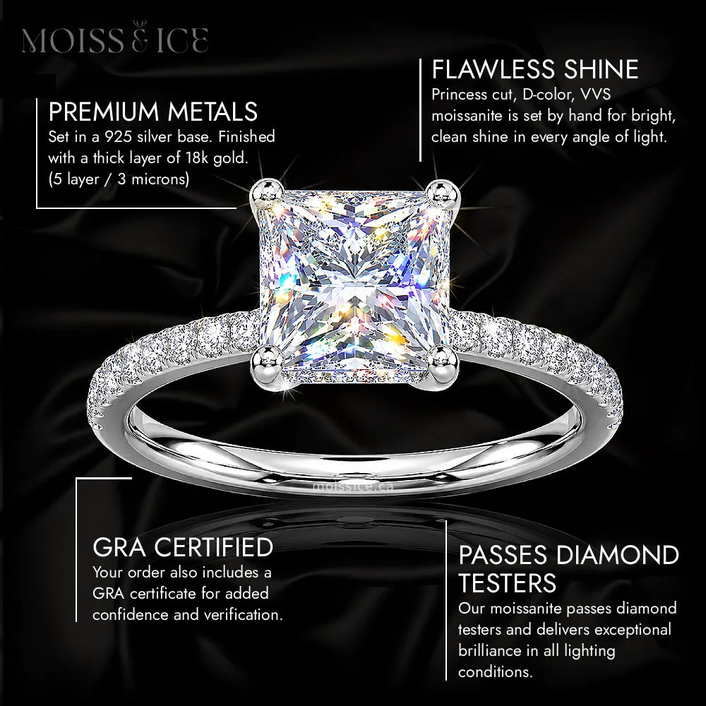 Important features of the INDIRA Princess Cut Moissanite Engagement Ring by Moiss & Ice Canada