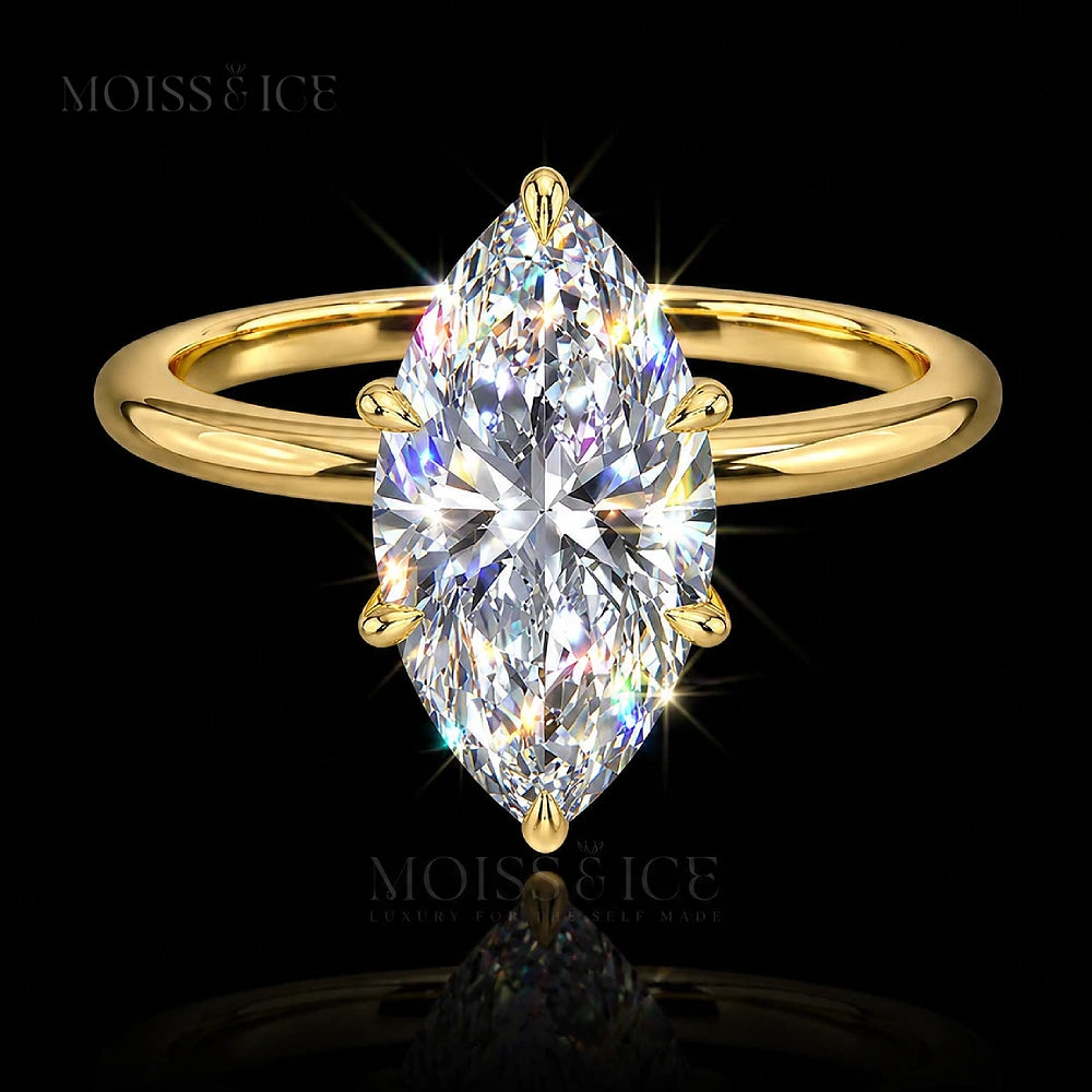 Marquise Cut Moissanite Engagement Ring with 6 prongs and a hidden halo in yellow gold - The Amaira by Moiss and Ice Canada