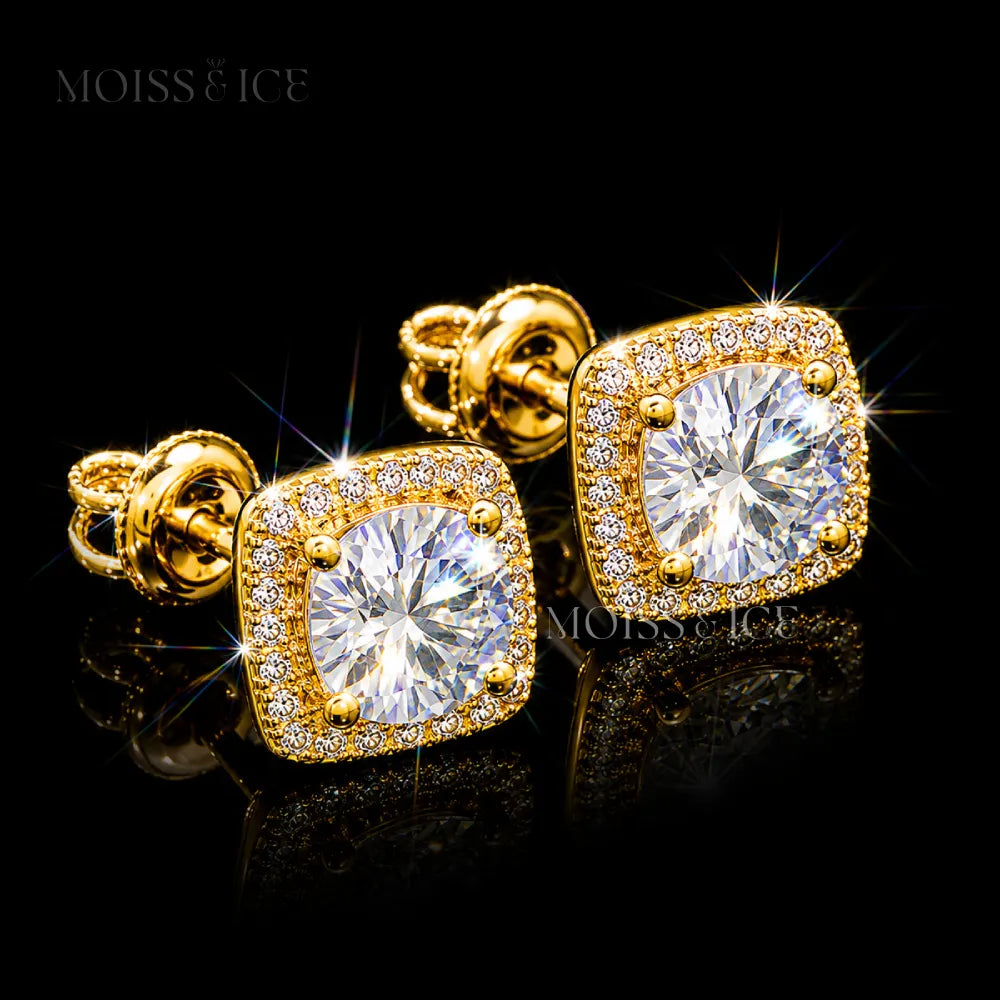 A pair of square cushion-cut stud earrings featuring large moissanite round-cut center stones surrounded by a halo of small clear pavé moissanite stones, set in 925 silver and finished in 18k gold by Moiss and Ice Canada