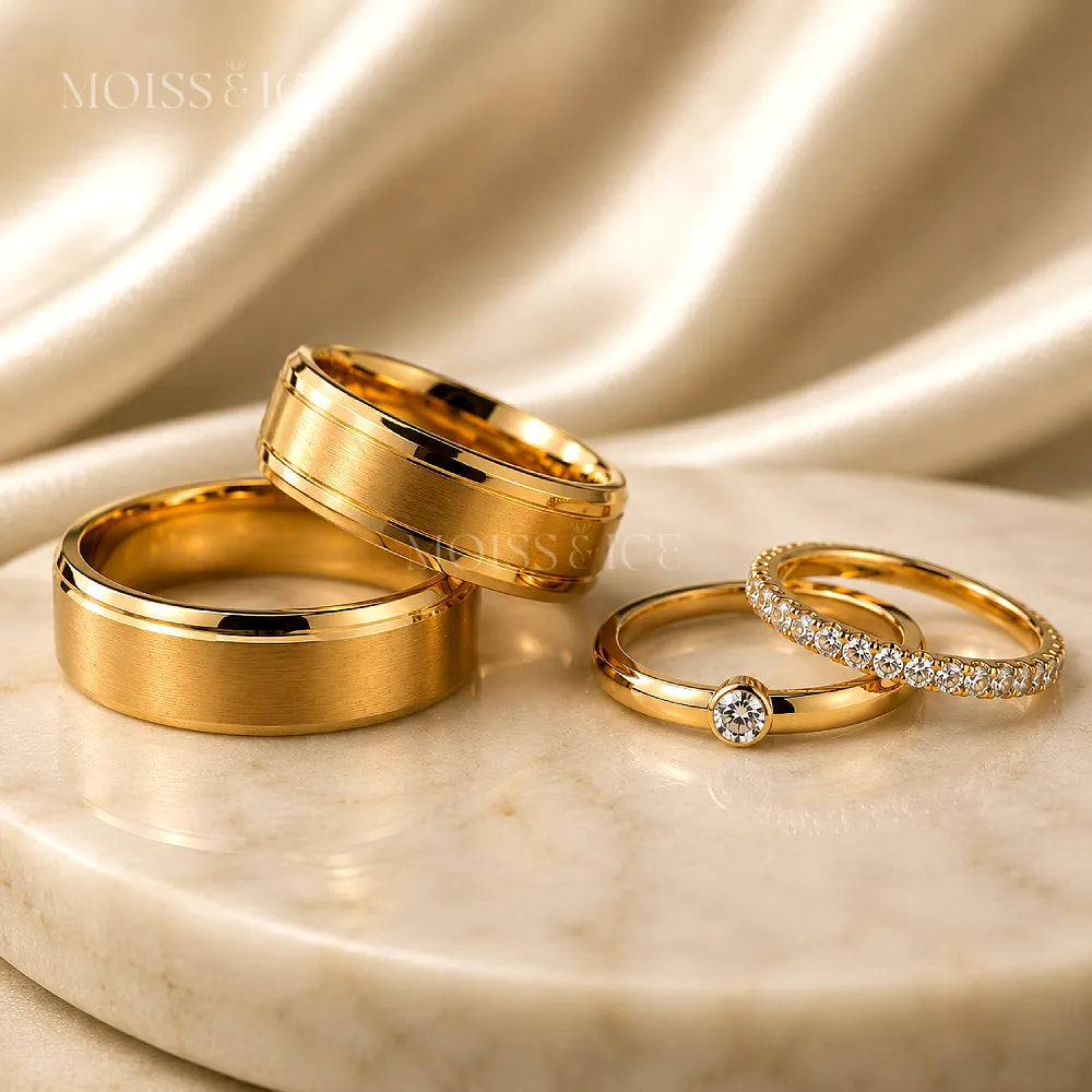 Gold wedding bands for men and women in a variety of styles and sizes 4-14