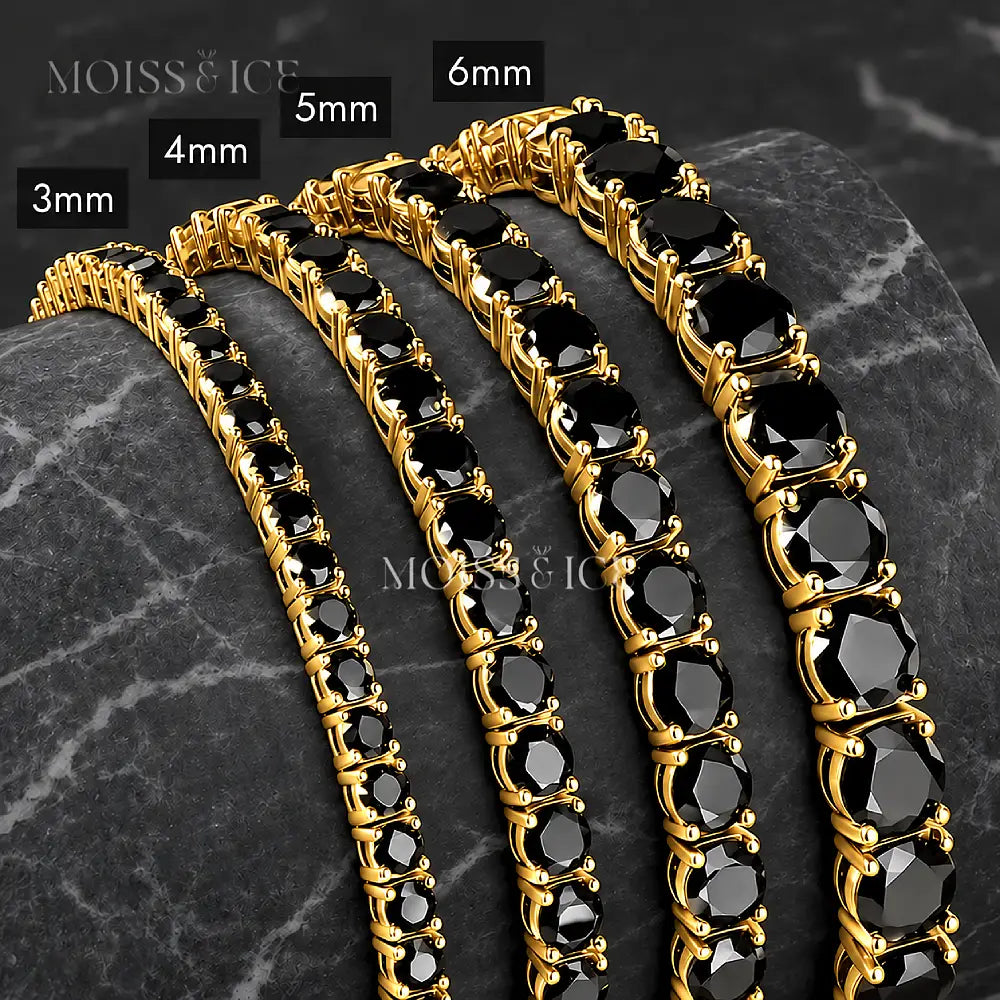 Different width sizes of black moissanite tennis chains in yellow gold and bracelets shown in white gold. From 3mm, 4mm, 5mm and 6mm. By Moiss and Ice Canada