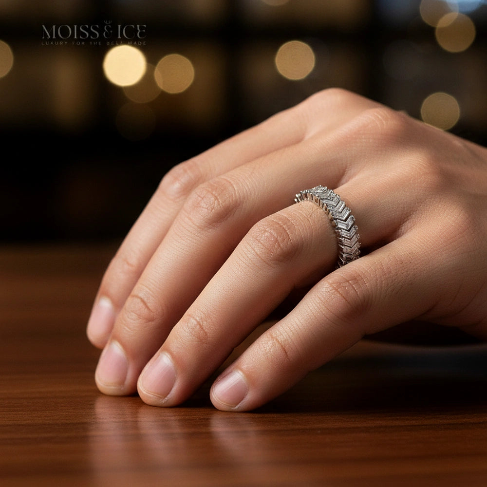 hand wearing baguette cut moissanite eternity ring from moiss and ice canada called THE SHAAN