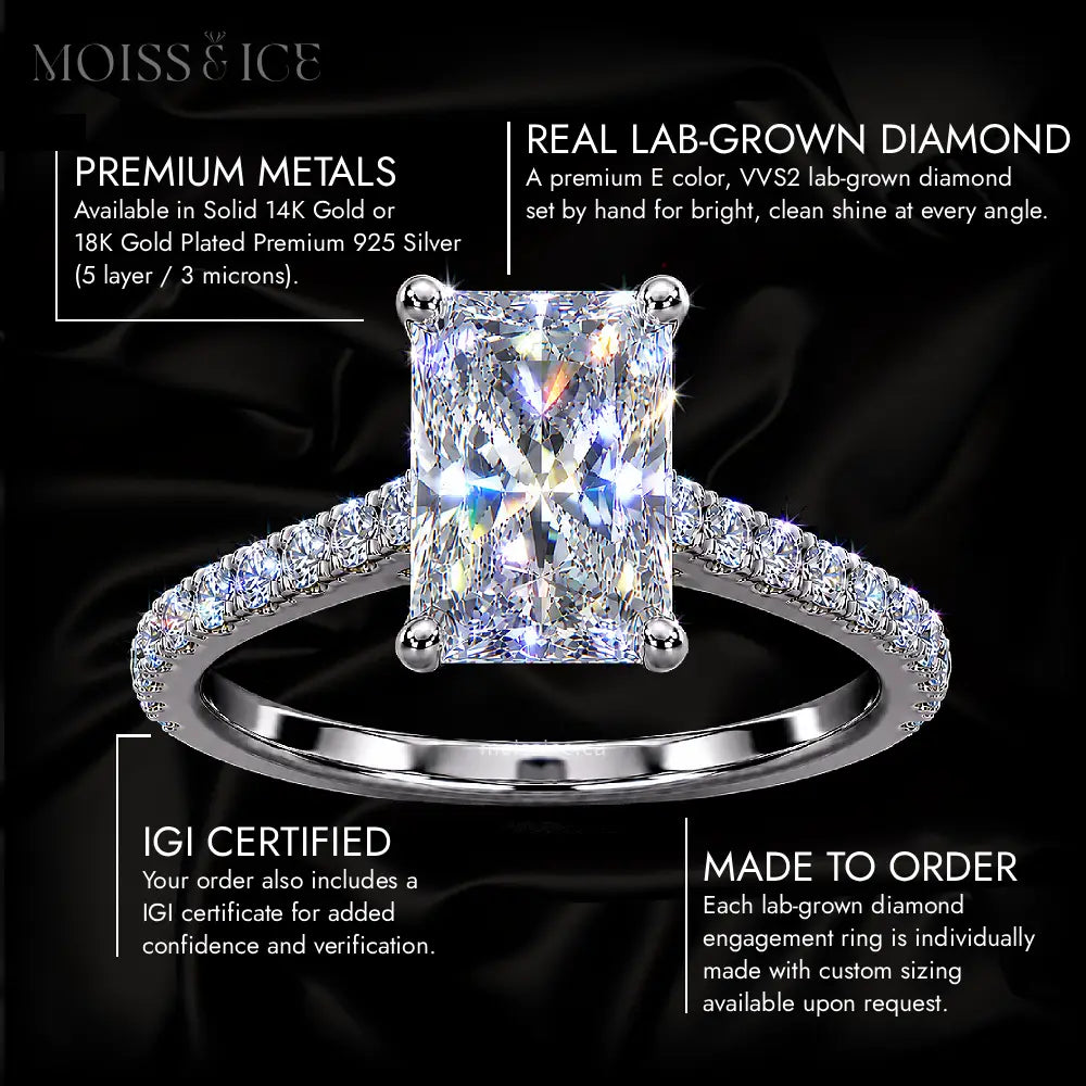 Features of the AAVYA - Women's Radiant Cut Lab-Grown Diamond Engagement Ring by Moiss and Ice Canada.