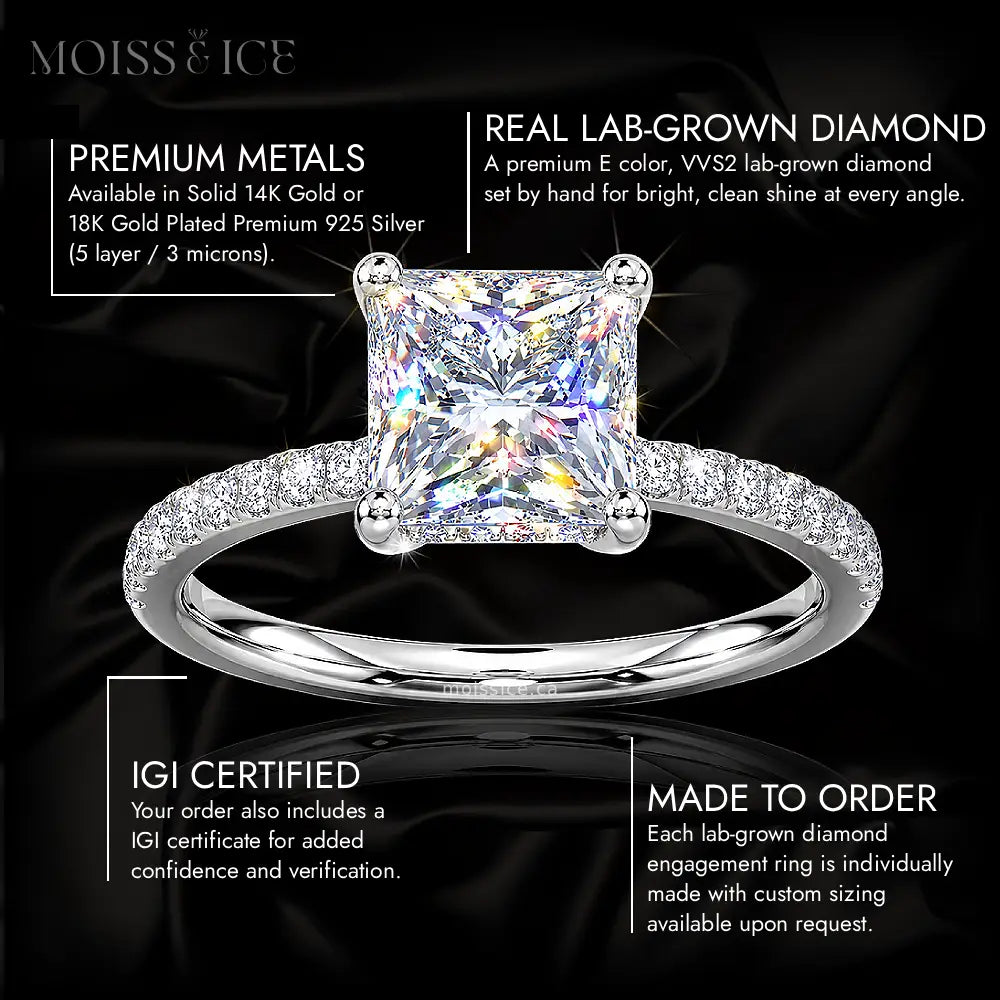 Important features of the INDIRA Princess Cut Lab-Grown Diamond Engagement Ring by Moiss & Ice Canada