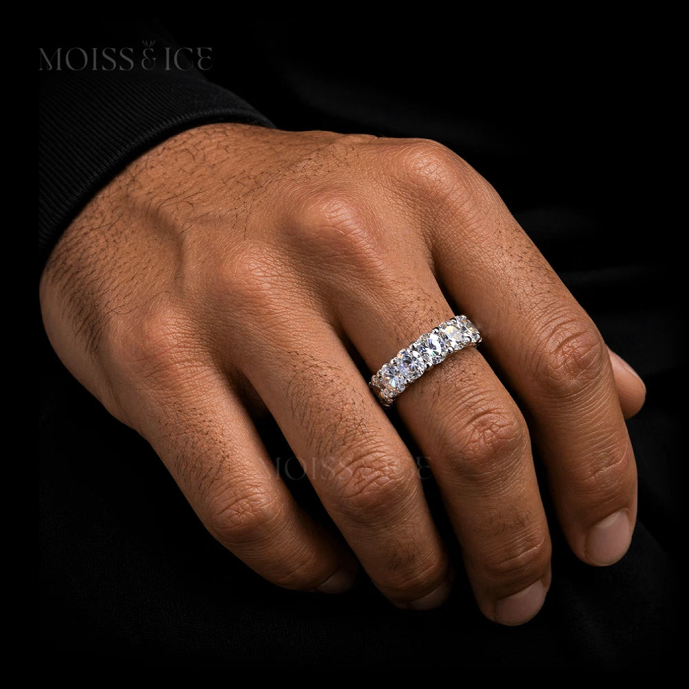 close up of a male hand wearing round cut eternity moissanite ring from Moiss and Ice Canada - model the Pyaar