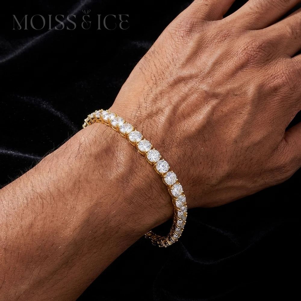 Male wearing Moiss and Ice Canada Tennis Bracelet made in gold with moissanite stones