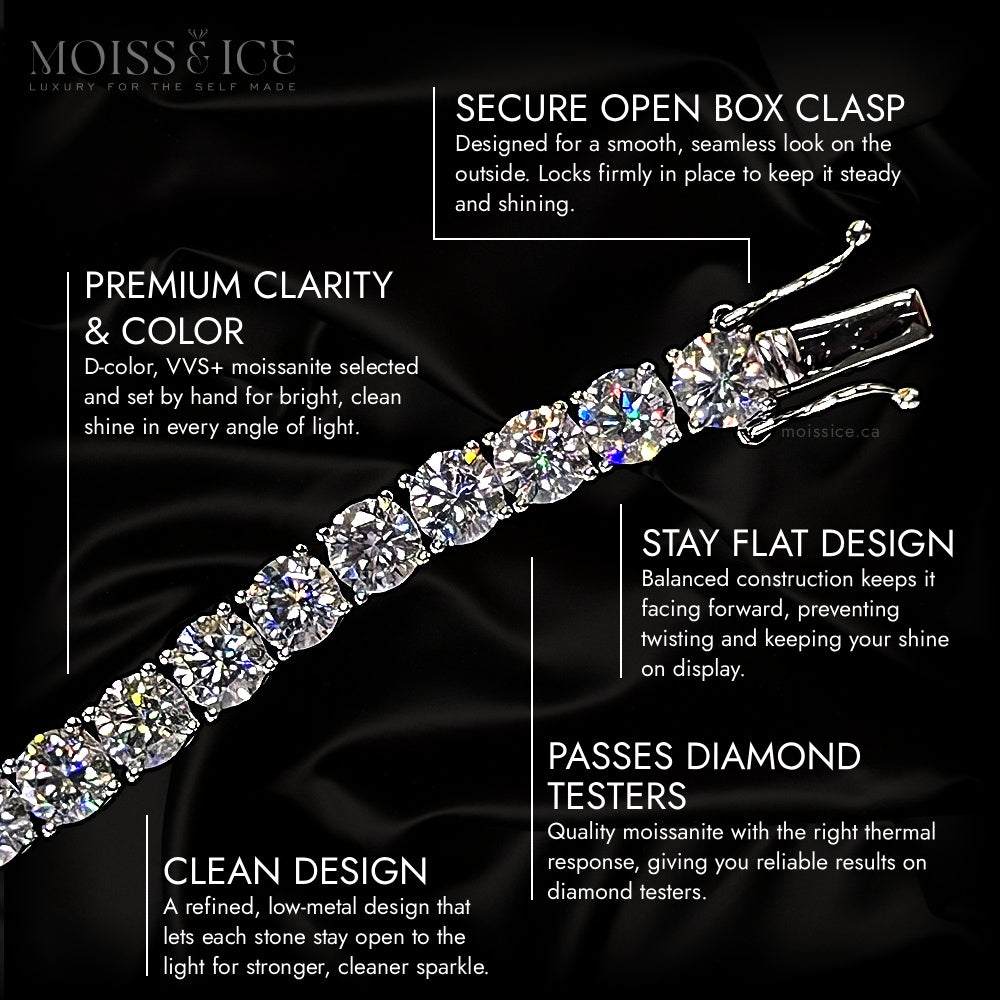 Moissanite Tennis Bracelet and Necklace exclusive features - Set in 925 silver, finished with PVD layer of 18k gold with Moiss and Ice Canada