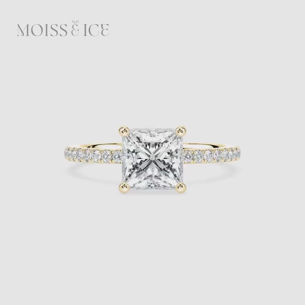 Video our yellow Gold Princess Cut Pavé Moissanite Engagement Ring with hidden halo called the INDIRA by Moiss and Ice Canada