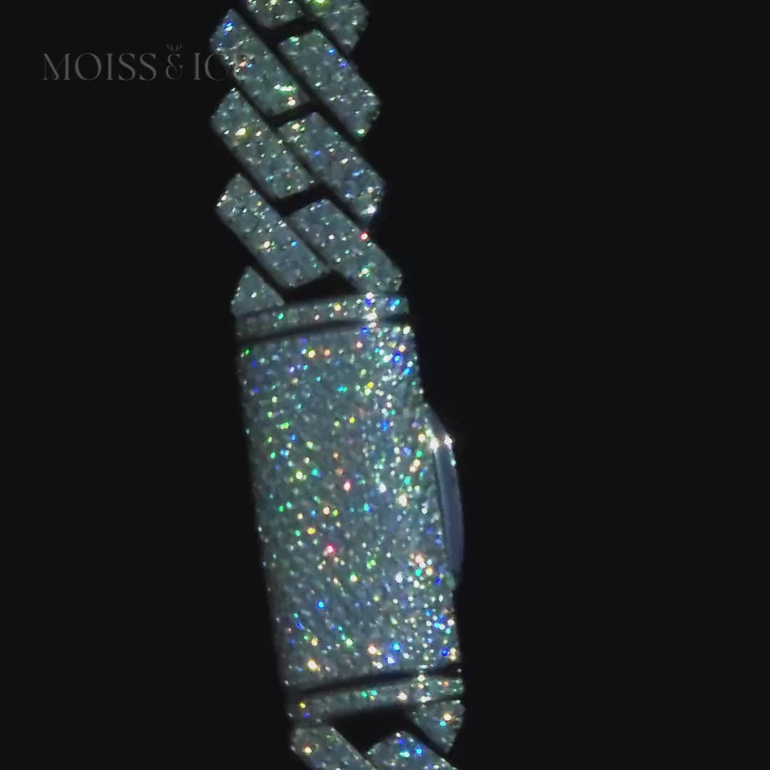 close up of a men and women sparkling cuban chain iced out with moissanite diamonds