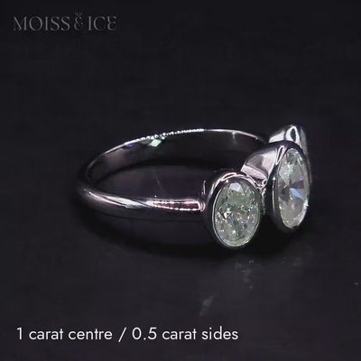 video close up of our 3 stone moissanite ring