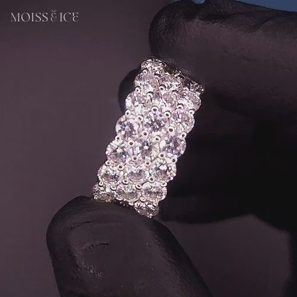 Men's Moissanite Ring with 3 rows of brilliant cut round stones creating a bold ring. Design by Moiss and Ice Canada